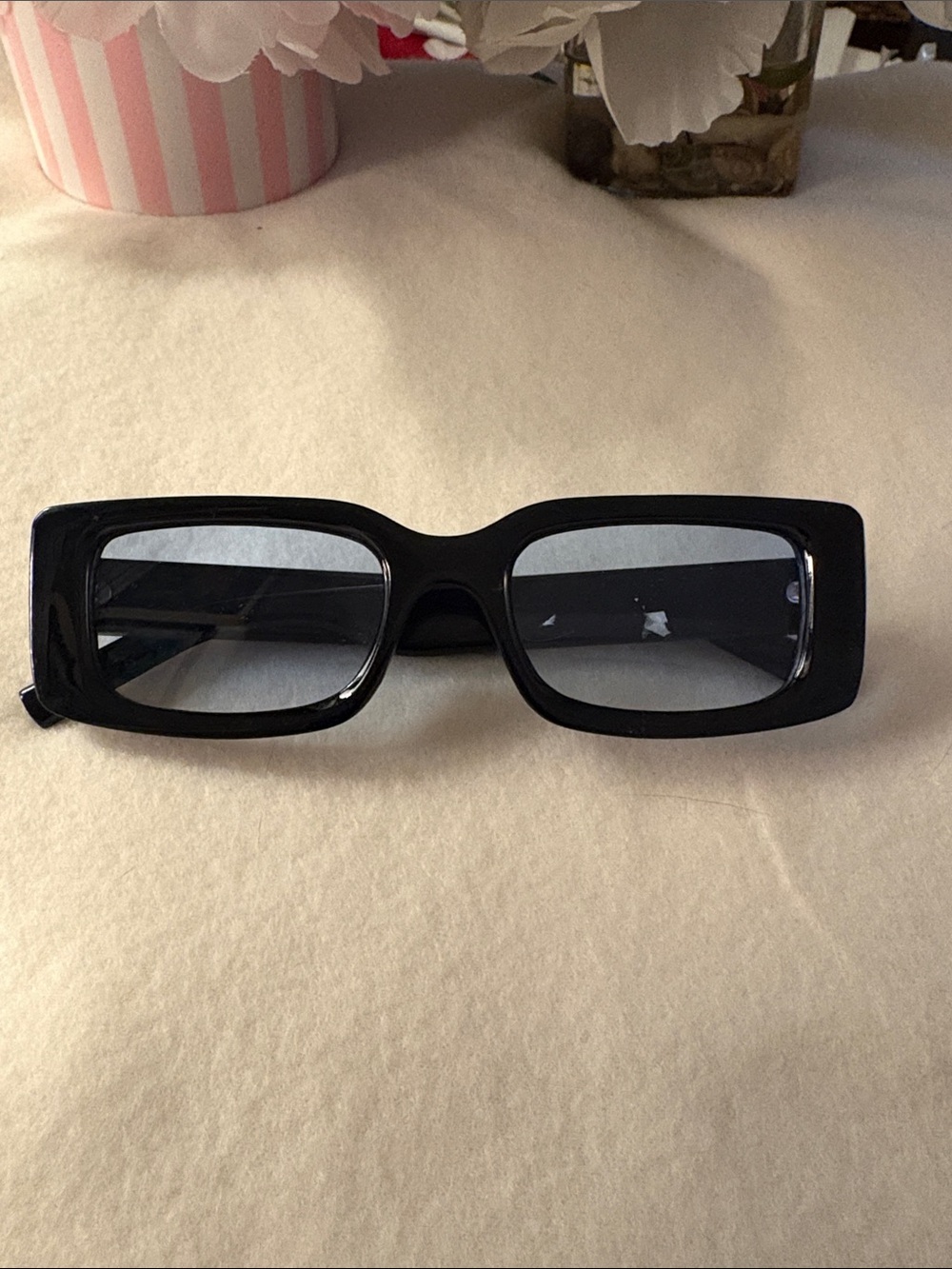 Rectangular Black Retro Sunglasses with light Baby blue lens.